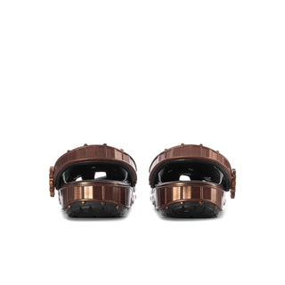 Men's classic clog heel view with black lining and brown back strap, vented design