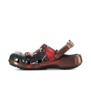 Men's classic clog side angle with brown strap, black patterned upper and red accents
