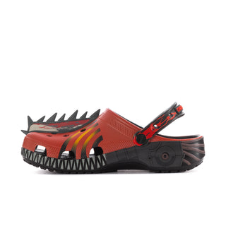 Men's classic clog in red with black and orange graphic, black tread sole