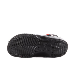 Men's black clog outsole tread with circular logo