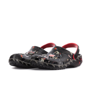 Men's black clog with red strap, side view showing chunky tread and character graphics