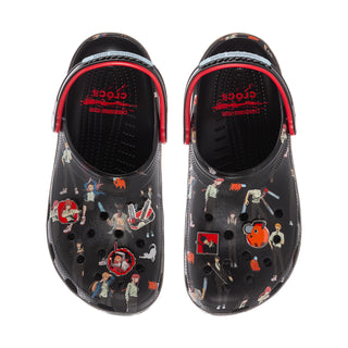 Pair of men's black clogs with red lining, front vents, and colorful character print