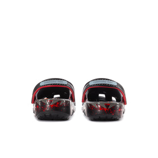 Men's black clogs front view with red-trimmed openings and patterned toe area