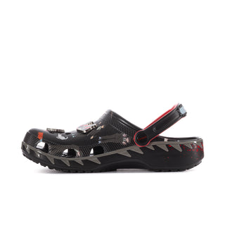 Men's black clog with red accents and patterned upper, adjustable back strap