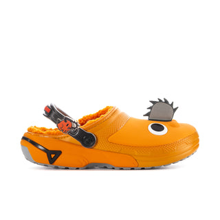 Men's orange lined clogs with cartoon face accents, black strap, gray heel tabs