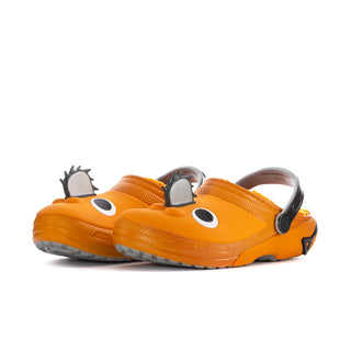 Men's orange lined clogs, other side view with cartoon eyes and black adjustable strap
