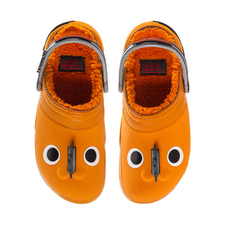 Men's orange clogs with fuzzy tan lining, open toe, cartoon face with large eyes