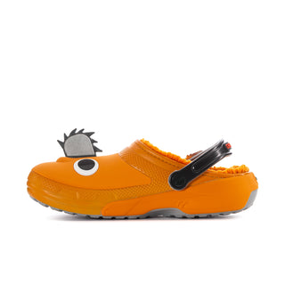 Men's orange lined clogs with black strap and cartoon face detail