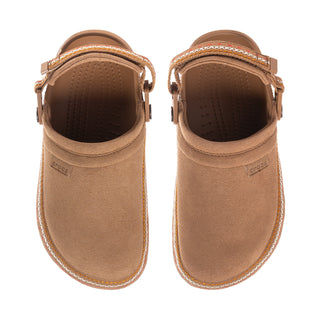 Sepia suede clog uppers with open toe, cushioned insole, and adjustable strap