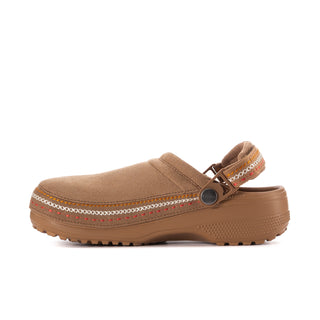 Sepia suede slip-on clog with whipstitch trim, round buckle, and lug sole