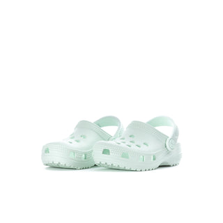 Toddler light mint clog with sage accents, heel strap, and treaded sole