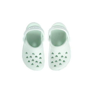 Toddler light mint clogs with sage raindrop pattern on the front