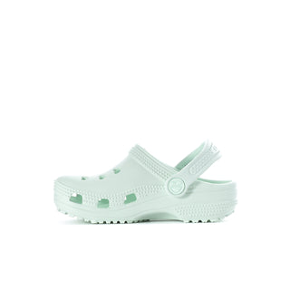 Toddler light mint clog with sage side cutouts and circular strap logo