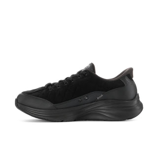 Men's black lace-up sneakers with side panel stitching and low-profile sole