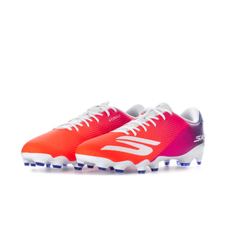 Men's soccer cleats, red-orange with white laces and blue-studded outsole