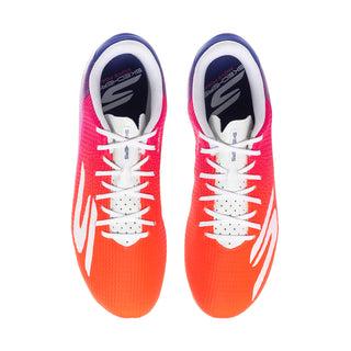Pair of men's soccer cleats, orange-red uppers with white laces and blue trim