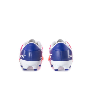 Men's soccer cleats heel view, blue back panels with pink accents and white sole