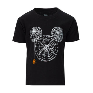 Toddler black T-shirt with white spiderweb Mickey graphic and small orange detail