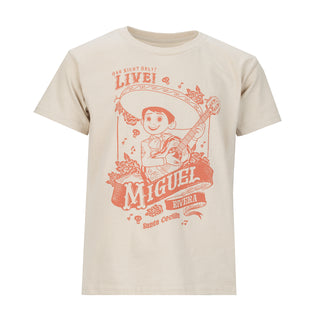 Youth sand T-shirt with front graphic of Miguel in hat and 'LIVE' text