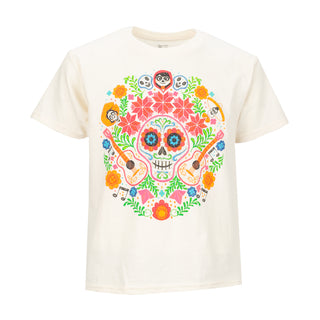 Youth graphic tee, natural, colorful sugar skull front print