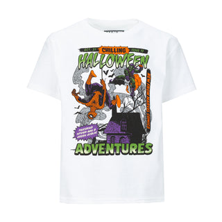 Youth white Halloween graphic T-shirt with multicolor comic-style character print