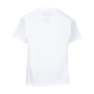Youth white T-shirt, back shows small faint comic-style logo print