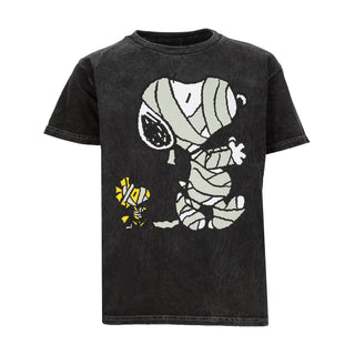 Youth black mineral-wash tee with Snoopy mummy graphic, short sleeves