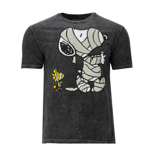 Unisex mineral wash graphic T-shirt in dark black, Snoopy mummy front print
