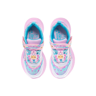 Pair of kids' sneakers viewed from above, showing critter decorations and hook-and-loop straps