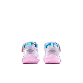 Pair of kids' sneakers viewed from the back, with pink soles and turquoise heel tabs