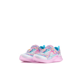 Pair of toddler sneakers with pastel critter print, decorative patches, and pink soles