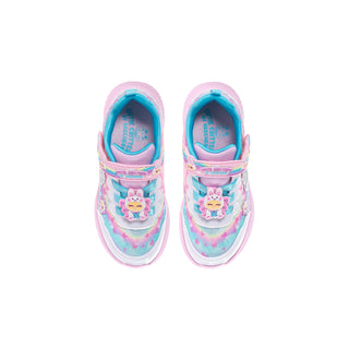 Pair of toddler sneakers with critter-decorated straps and turquoise lining, viewed from above