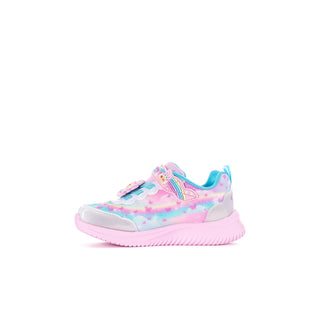 Toddler sneaker with pastel print, decorative patches, gray toe cap, and pink sole