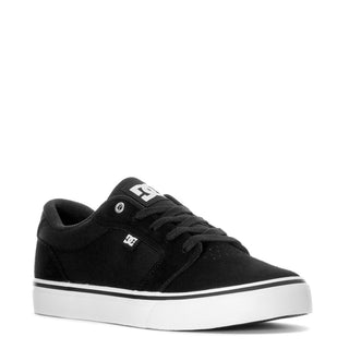 Men's black low-top sneakers with lace-up front, white sole, and side logo patch
