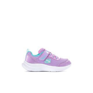 Lavender toddler sneaker with teal accents, hook-and-loop strap, elastic laces, and white sole