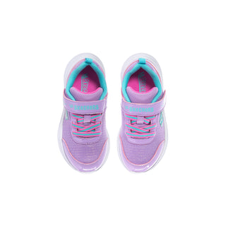 Pair of lavender toddler sneakers with teal-lined openings, pink elastic laces, and hook-and-loop straps