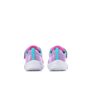 Pair of lavender toddler sneakers, rear view, with teal heel pulls and cushioned white soles