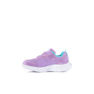 Lavender toddler sneaker side view with teal lining, pink elastic laces, and white sole