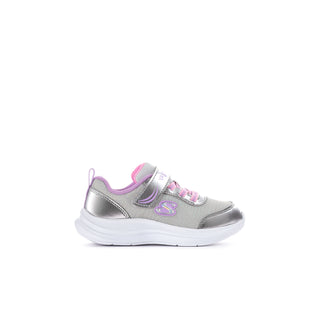 Toddler Skechers sneaker in silver with pink trim, elastic laces, hook-and-loop strap, and white sole