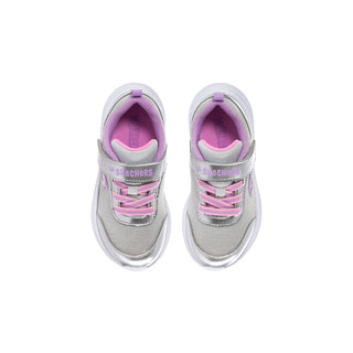 Pair of toddler Skechers sneakers viewed from above, with silver uppers and pink laces and lining