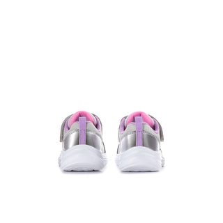 Pair of toddler sneakers viewed from the back, with silver heels, pink lining, and white soles
