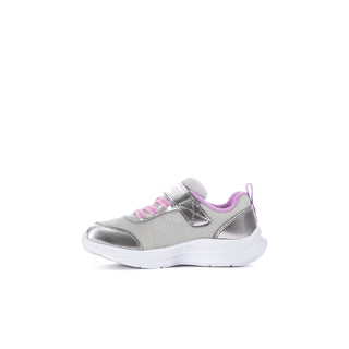 Silver toddler Skechers sneaker with pink laces and lining, a hook-and-loop strap, and white sole