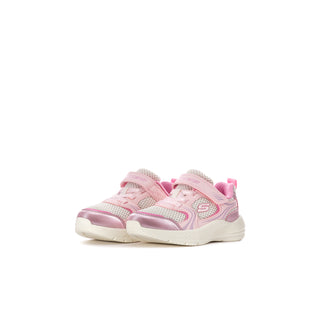 Toddler pink and white sneakers, side view, with mesh panels and hook-and-loop closure