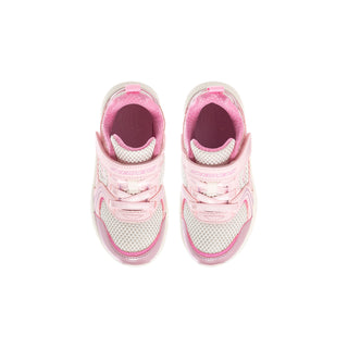 Toddler pink and white sneakers with padded collar and hook-and-loop strap openings