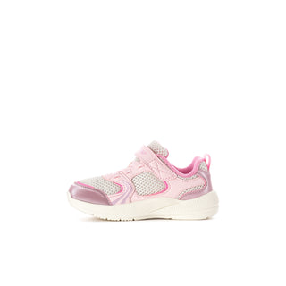 Toddler pink and white sneaker with mesh side panels and hook-and-loop strap