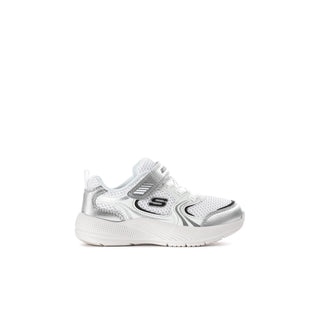 Toddler sneaker in white with silver and black accents, hook-and-loop strap
