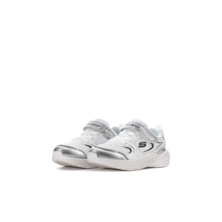 Toddler sneaker in white with silver side panel and black logo, low-profile sole