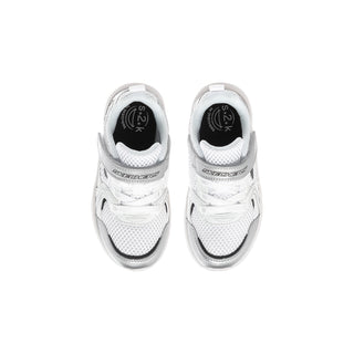 Toddler sneaker pair in white mesh with black heel trim and padded tongue