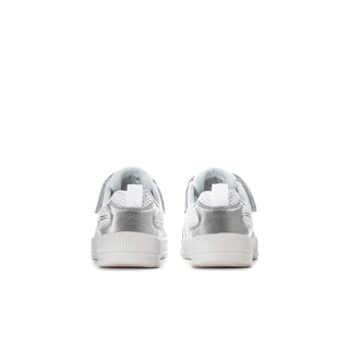 Toddler sneaker heel pair in white with silver pull tab and cushioned collar