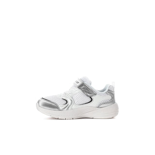 Toddler sneaker in white with silver double-stripe detail and black accent trim